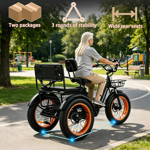 Adult Folding Electric Tricycle With Passenger Seat And Wide Tires 350W Motor 750W Peak Up To 20 MPH 25 To 30 Mile Range 48V 15Ah Aluminum Frame 7 Speed Three Wheel E Trike For All Day City Cruising with rear passenger seat and basket