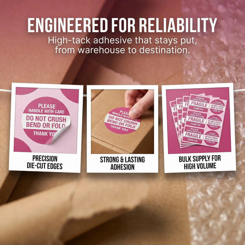 Fragile Handling Sticker Pack 600 Count For Boxes And Warehouse Shipments Red Copper Plate Labels applied to shipping box