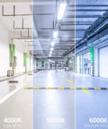 Lighting comparison of 4000K Cool White, 5000K Daylight, and 6000K Daylight Deluxe in a parking garage, showcasing Sixteen Pack 4 Ft LED Shop Light For Garage And Workshop, Linkable Frosted Fixture, Plug In, 5000K Daylight, 4100 Lumens Per Light, 260W Equivalent, Non Dimmable, Hanging Or Pull Chain, ETL Listed.