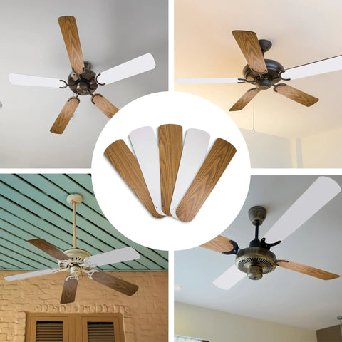 Five Pack Sixteen And One Half Inch Ceiling Fan Blades Replacement For Forty Two Inch Fans White Bleached Oak Indoor Outdoor Use Durable Premium Construction Easy Swap For Worn Or Broken Blades showing different fan models