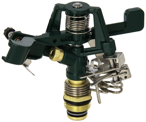 Top Shelf Three Pack Heavy Duty Zinc Impact Sprinkler Heads For Outdoor Yard Watering Featuring Smooth Adjustable Spray Arcs Up To Eighty Feet Wide close-up of a heavy-duty zinc impact sprinkler head