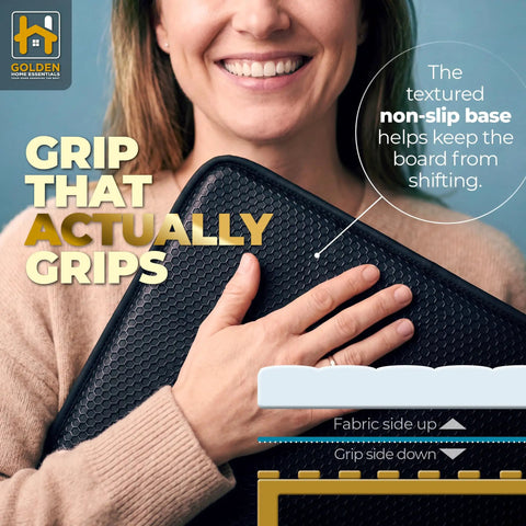 Woman demonstrating Heavy Duty Bunkie Board King Size with Non Slip Grip Base showing textured grip side.