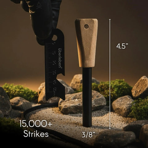 Ferro Rod Fire Starter Survival Tool With Wood Handle, Up To 15,000 Strikes, Three Eighths Inch Fire Steel, angle view with multi tool