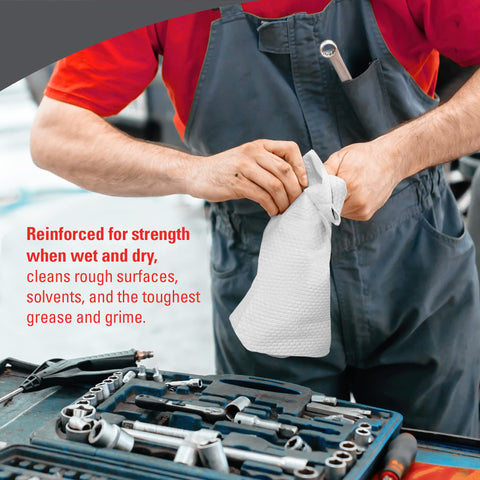 Mechanic using X80 Heavy Duty Cloths Brag Box White Industrial Shop Towels For Oil And Water Cleanup in workshop