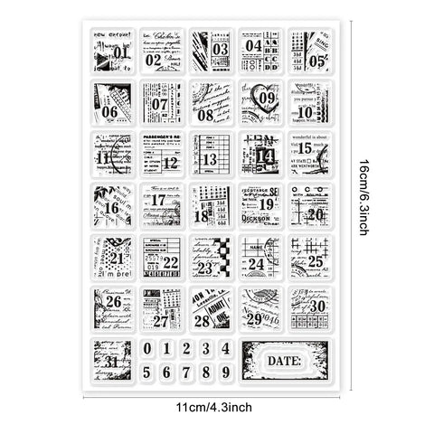 Vintage Date Clear Stamps Top Shelf Seal Set featuring various date designs in black and white on a 11cm x 16cm sheet.