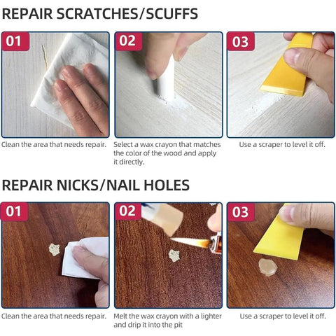 Instructions for using Quick Fix Wood Filler Sticks 3 Pack that smooth out scratches like a charm with tough waterproof putty formula.