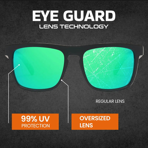 Job Site Tough Z87.1 Safety Sunglasses For Men Featuring Polarized Lenses And UV400 Shielding showing oversized lens with UV protection.