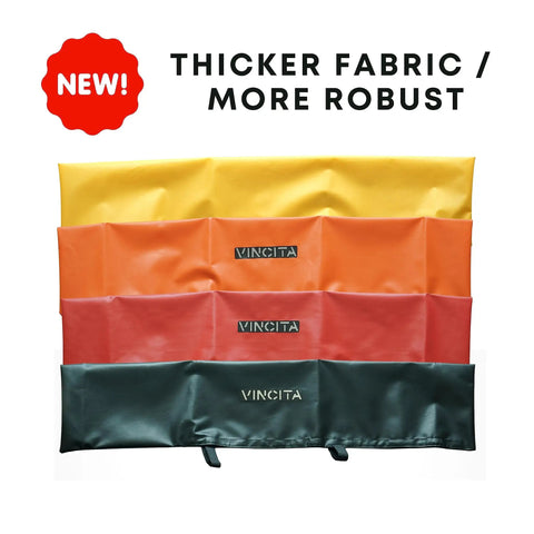 Three waterproof mountain bike handlebar covers in yellow, orange, and black, showing thickness, with hook and loop strap.