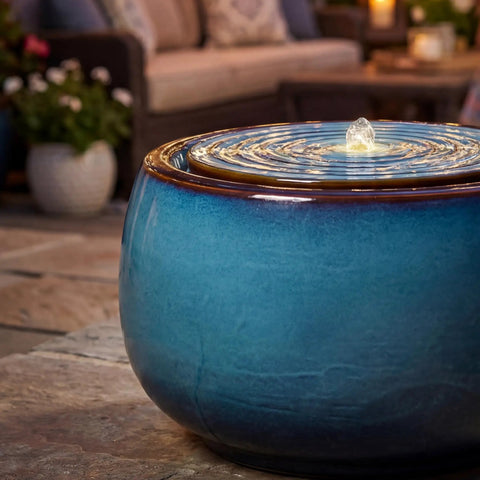 9 Inch Outdoor Ceramic Water Fountain With LED Light Round Bubbler Water Feature Eastern Style Waterfall in blue garden decor