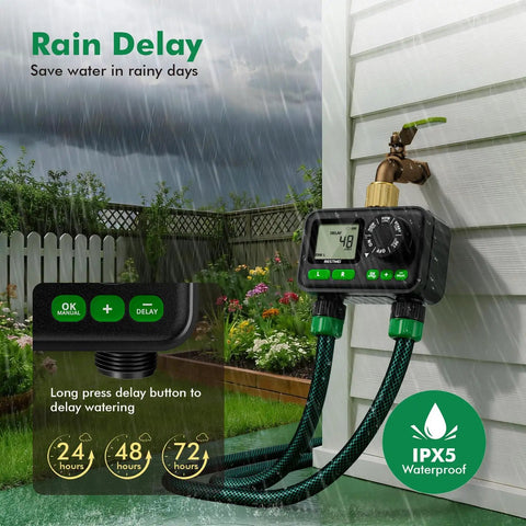Two Zone Sprinkler Timer For Outdoor Hose Faucet With Brass Inlet And Large Dial Programmable Watering in rain delay mode
