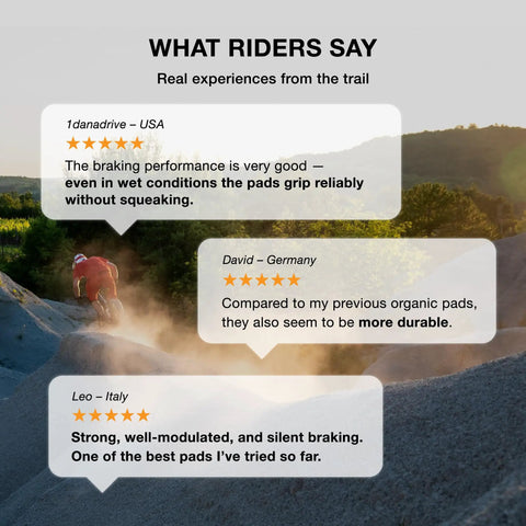 Mountain biker with reviews overlay for Two Pairs Disc Bike Brake Pads For Sram Code R RS RSC Guide RE G2 RE DB8 Motive