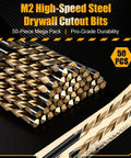 Close-up of 50 Pcs Drywall Rotor Tips 5 32 In Guide Point Cutting Bits M2 HSS Spiral Drywall Router Drill Bits for precise cutouts.
