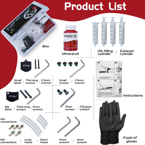 All Hydraulic Disc Brake Bleed Kit With Mineral Oil Gloves Syringes And Installation Tools For Quick Pro Grade Bleed Of Your Hydraulic Brakes On Any Caliper showing kit contents including tools, syringes, and mineral oil.