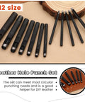 Pro Grade 12 Piece Round Leather Hole Punch Set With Hardened Carbon Steel Cutting Edge displayed on a wooden surface