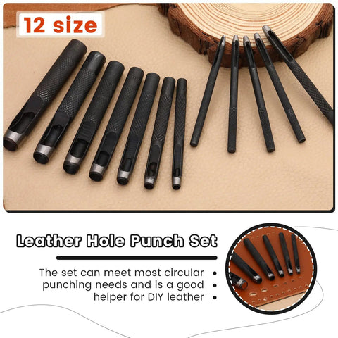 Pro Grade 12 Piece Round Leather Hole Punch Set With Hardened Carbon Steel Cutting Edge displayed on a wooden surface