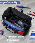 18 Inch Open Top Tool Bag With Waterproof Molded Base, 20 Pockets, Adjustable Shoulder Strap, shown filled with tools on floor