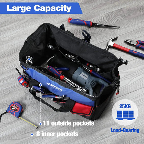 18 Inch Open Top Tool Bag With Waterproof Molded Base, 20 Pockets, Adjustable Shoulder Strap, shown filled with tools on floor