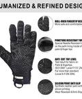 Level 5 Needlestick Resistant Gloves for Heavy Duty Work with details on fingertip design, puncture resistance, and silicone print.