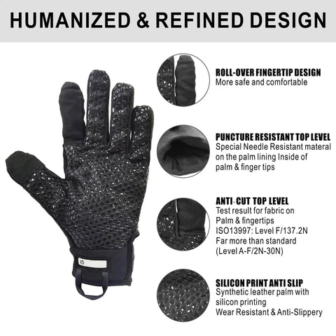 Level 5 Needlestick Resistant Gloves for Heavy Duty Work with details on fingertip design, puncture resistance, and silicone print.