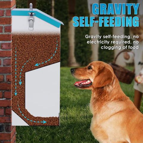 Heavy Duty Gravity Automatic Cat And Dog Feeder Outdoor No Sweat Design Large Capacity with self-feeding feature for dogs.