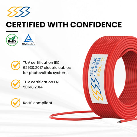 Top Shelf Heavy Duty DC PV Cable 100 FT Roll 10 AWG red tinned copper wire certified for solar panel use with RoHS compliance.