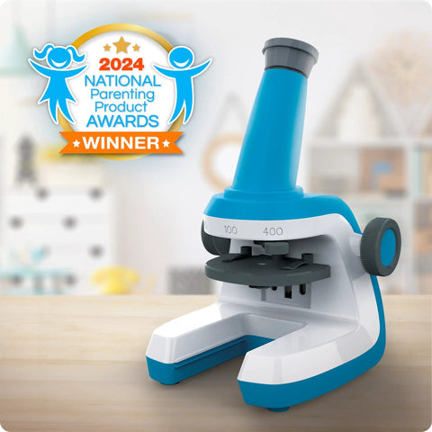 Winner of 2024 award, Beginner Kid Microscope Kit With 400x Zoom Cool Easy To Use Design Dual Lighting Large Focus Knobs STEM Toy