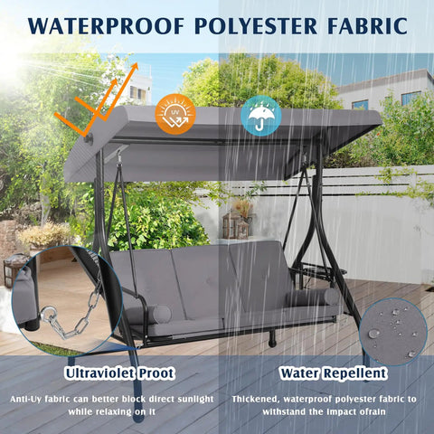 Outdoor Three Seat Porch Swing With Canopy And Stand Convertible 2 In 1 Bed Cup Holder Pillow Cushions Grey Patio Swing For Garden Or Yard Sturdy Steel Frame For Easy Relaxing with waterproof polyester canopy under rain