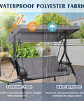 3 Seat Outdoor Porch Swing With Adjustable Canopy And Convertible Bed For Easy Day To Night Lounging Heavy Duty Patio Swing With Cup Holders And Cushions For Garden Or Poolside in rain demonstrating waterproof fabric.