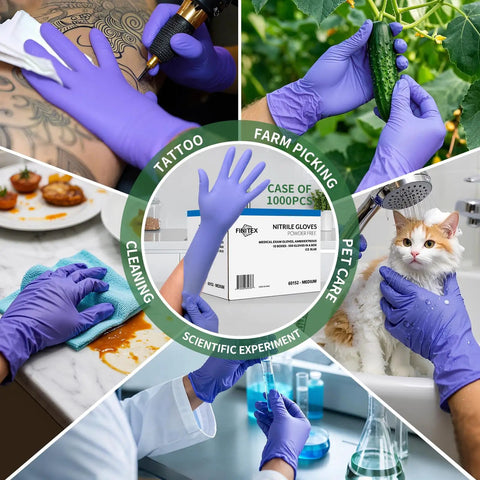 Collage of various uses for Heavy Duty Nitrile Disposable Medical Exam Gloves Ice Blue 3.2 Mil Powder Free Latex Free 1000 Count Large