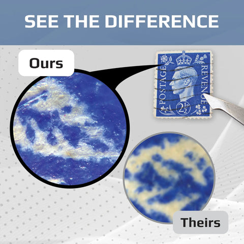LED Lighted Pocket Microscope With 60x To 120x Magnification For On The Go Science shows a magnified postage stamp detail comparison