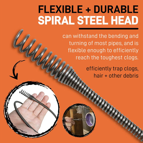 Close-up of flexible steel head for Pro 50 Foot Heavy Duty Steel Drum Drain Auger Plumbing Snake with Work Gloves and Storage Bag.