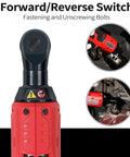 Cordless Ratchet Wrench Three Eighths Inch Delivers 44.25 Foot Pounds Of Torque At 380 RPM, forward and reverse switch detail