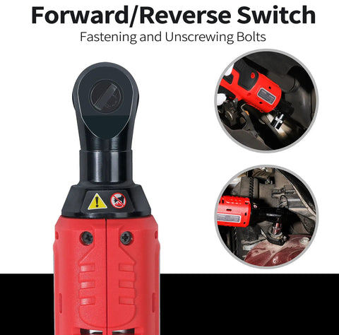 Cordless Ratchet Wrench Three Eighths Inch Delivers 44.25 Foot Pounds Of Torque At 380 RPM, forward and reverse switch detail