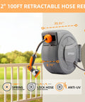 Retractable Garden Hose Reel With Wall Mount Half Inch By One Hundred Foot Hose, shows dimensions and features on a porch