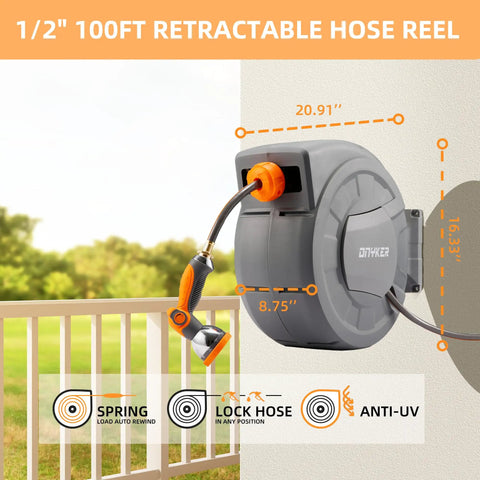 Retractable Garden Hose Reel With Wall Mount Half Inch By One Hundred Foot Hose, shows dimensions and features on a porch