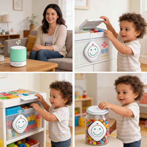 Smart Toddler Door Alarm System With Distinct Sensor Chimes For Kid Friendly Room To Room Safety And Easy Setup 14 Unique Tones And Low Battery Alert On Uneven Doors 3 Level Volume With Mute 3W Speaker For Clear Alerts, door sensor on toy cabinet
