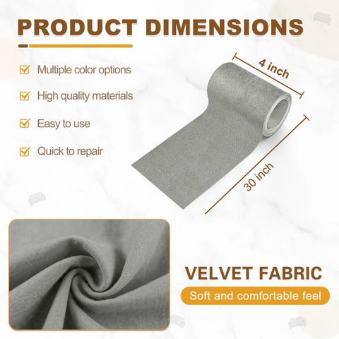 Premium Gray Velvet Fabric Repair Patches Self Adhesive Couch Menders For Sofa Car Seat And Jacket Holes Tough As Nails Microfiber Tear Covers, 4x30 inch tape.