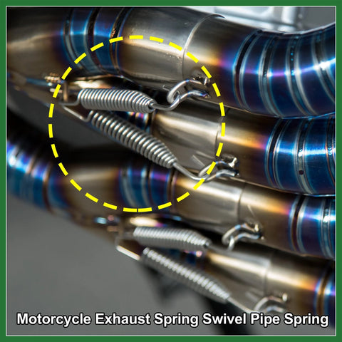 Close-up: two stainless steel motorcycle exhaust pipe springs, 80mm length, silver-tone, universal fit