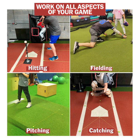 Various uses of the All In One Golf And Baseball Training Kit With Four Tee Holders And Elastic Lanyards For Indoor And Outdoor Practice Enhances Alignment Ball Position Swing Path Putting And Agility Four Pack Yellow Green Made In USA