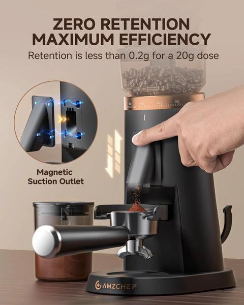 Level Up Your Daily Brew With This Bang For Your Buck Electric Coffee Grinder Featuring 75 Stepless Speeds And A Premium 40mm Burr For Zero Mess Single Dose Prep That Makes Flavor Hit Different, showcasing the magnetic suction outlet.