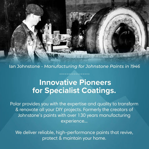 Ian Johnstone working in a factory in 1946 for Johnstone Paints, showcasing historical manufacturing processes and machinery.