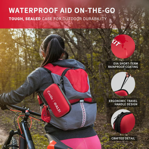 AL21 red all-purpose first aid kit pouch attached to a bike rider's backpack during a ride