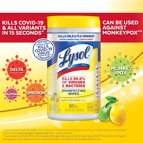 Beat Germs With Multi Surface Disinfecting Wipes That Kill 99.9 Percent Of Viruses And Bacteria Including COVID 19 Lemon And Lime Blossom Scent 80 Count Pack For Easy Wipe Downs displayed with lemon and lime illustrations.