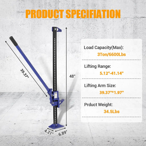 Beefy 3 Ton Farm Jack With 48 Inch Lift For Trucks UTVs And ATVs, Off Road Rescue And Garage Work, blue ratcheting utility jack