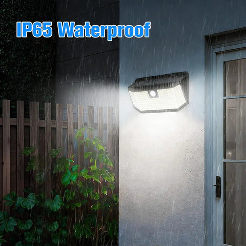 Outdoor Solar Lights With 182 LEDs 2500 Lumens Motion Sensor IP65 Waterproof Wide Angle Beam installed in rain