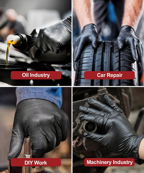 NEOTRIL black 8 mil nitrile disposable gloves with raised diamond texture grip; for car repair, DIY, and machinery.