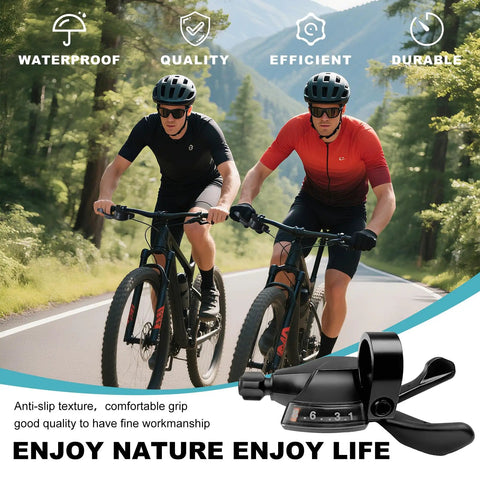 Two cyclists using 8 Speed Right Thumb Shift Lever for MTB and Folding Bikes, V Brake Compatible, Easy Ride Control on a forest trail.