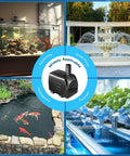 Whisper Quiet Submersible Pump For Aquariums Ponds And Hydroponics With Adjustable 220 GPH, shown with various water features