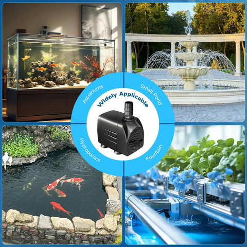 Whisper Quiet Submersible Pump For Aquariums Ponds And Hydroponics With Adjustable 220 GPH, shown with various water features