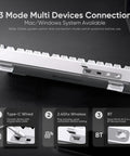 Dope Tri Mode Wireless Mechanical Keyboard With Hot Swappable Prelubed Coconut Switches Gasket Mount RGB Lighting showing connection options.